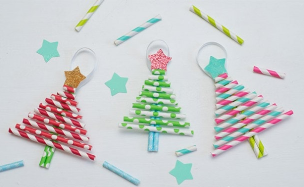 Pretty Paper Straw Christmas Trees Kids DIY Ornaments