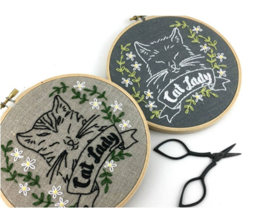 An adorable cat lady embroidery pattern for animal crafts