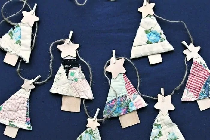 recycled quilt christmas tree garland and ornaments holiday decor