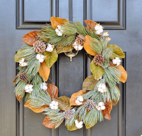 Winter frost magnolia cotton wreath outdoor holiday decor