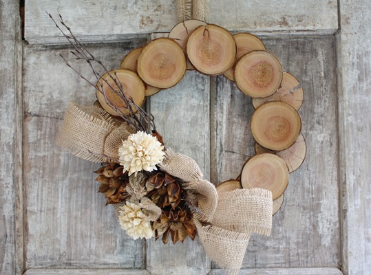 An adorable wood and burlap natural fall wreath holiday outdoor decor 