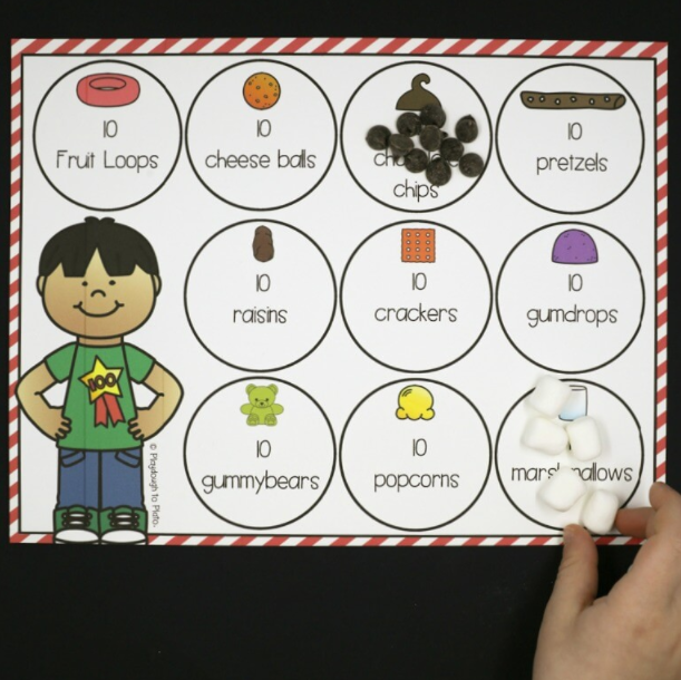 place mat with 10 circles each one to hold 10 items like fruit loops, raisins, and crackers