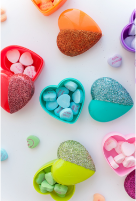 colorful glittered heart shaped boxes