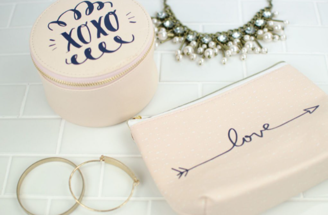 makeup and jewelry bags customized to say XOXO and love on them