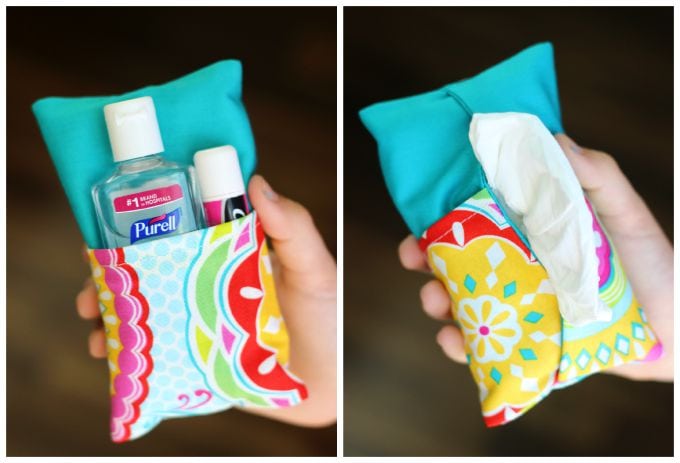 A two-sided tissue holder pouch, one side can hold a pack of tissues, the other side can hold a mini bottle of sanitizer and a lip gloss