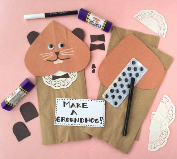 paper bag and construction paper groundhog puppet with googly eyes
