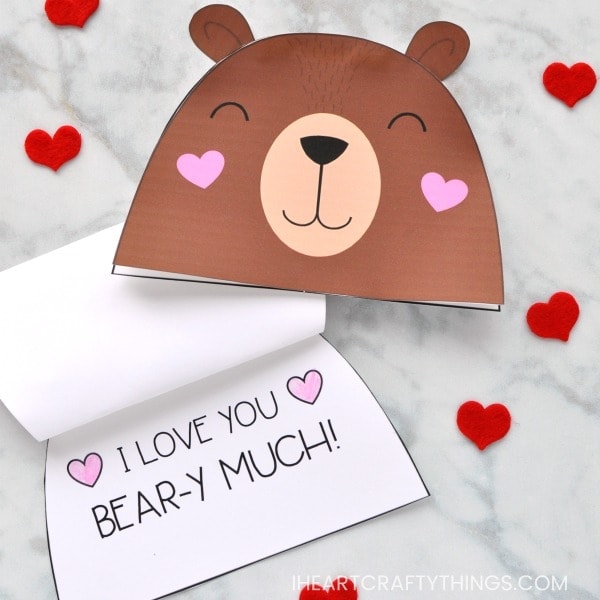 Bear Valentine card with a saying heart shape I Love you heart shape bear-y much!