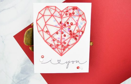 Heart shaped shaker card with sequins inside, text says i heart shape you