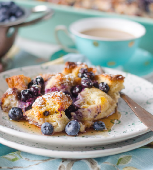 A plate of Blueberry French Toast Casserole perfect for Mother's day brunch