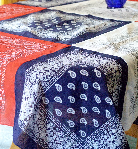 A patriotic red, white, and blue homemade bandana tablecloth holiday craft 
