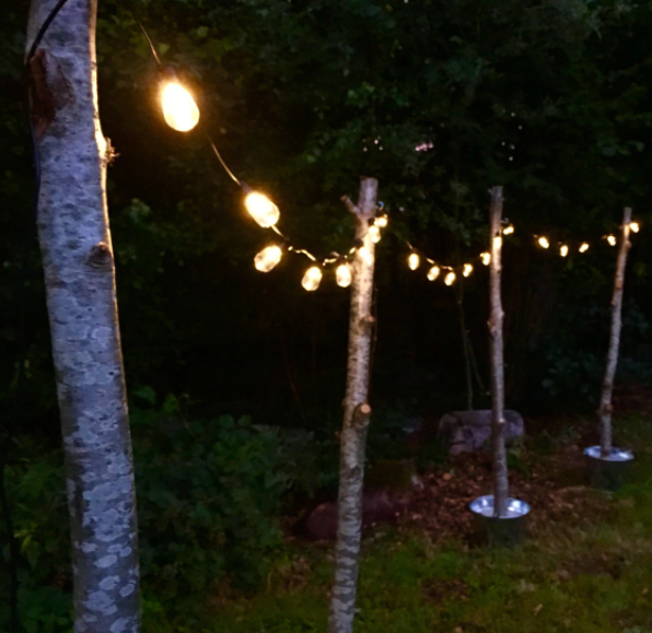 Homemade outdoor string light poles for movie nights 