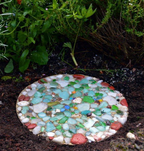 Homemade colorful sea glass stepping stone