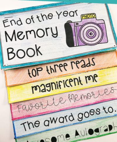 Memory book with text saying End of the year memory book, top three reads, magnificent me, favorite memories, the award goes to., awesome autograph