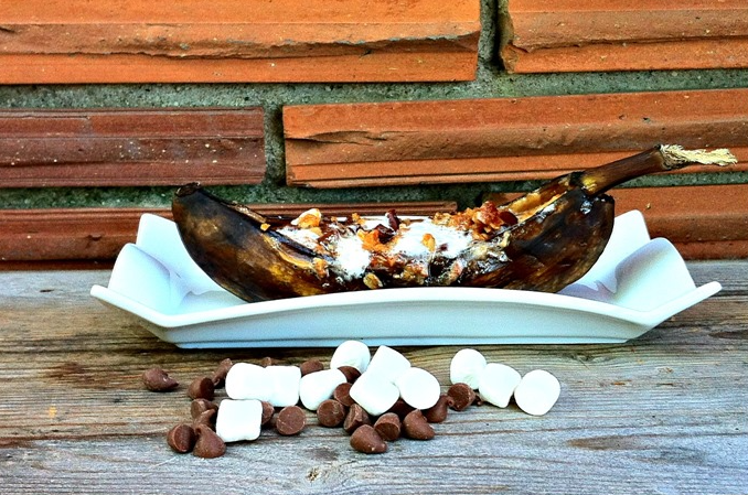 Grilled banana boats stuffed with chocolate chips, marshmallows and other goodies.