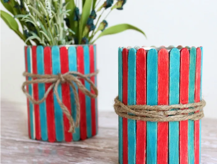 Popsicle stick vases 4th of july kids summer craft project 