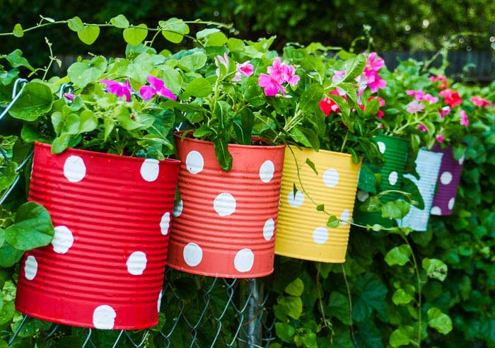 A colorful and homemade tin can flower fence garden 