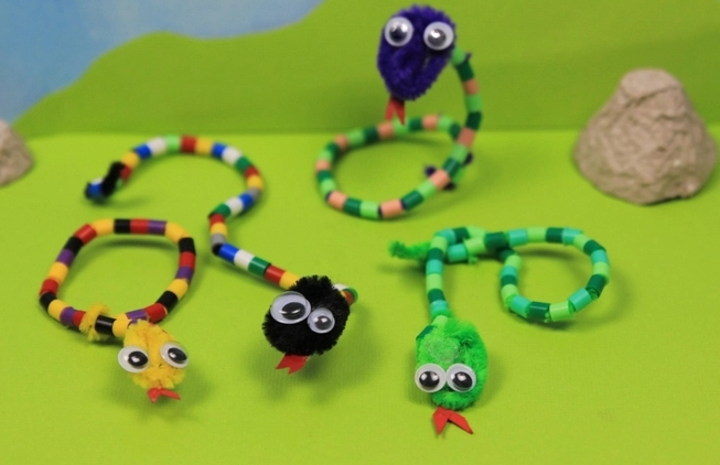 Snake crafts made from pipe cleaner and perler beads