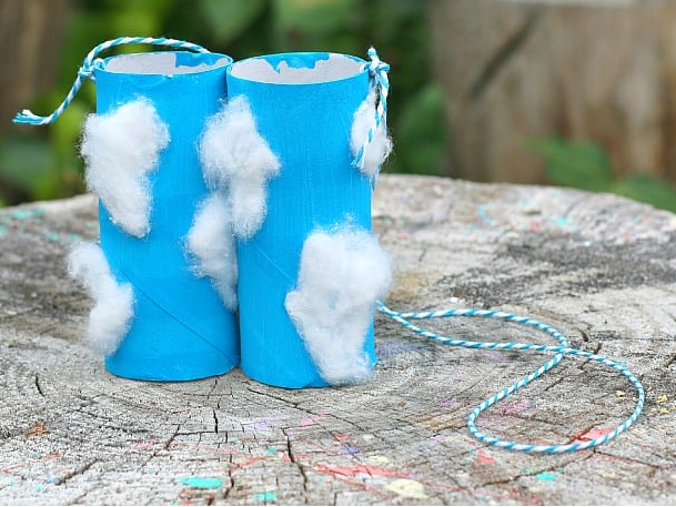 A set of color blue binoculars upcycled from toilet paper rolls