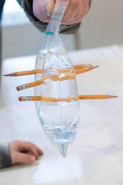 A plastic bag filled with water poked with 3 pencils