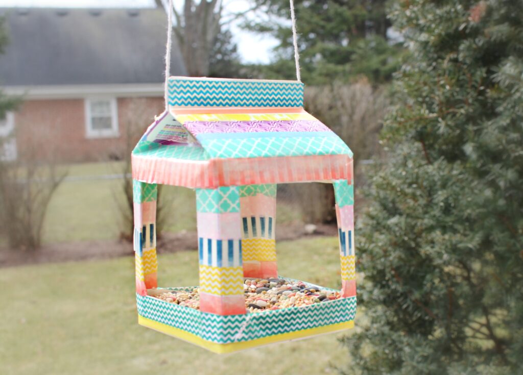 DIY Upcycled Milk Carton Washi Tape Bird Feeder