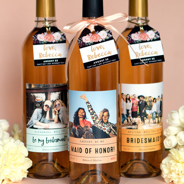 A bridesmaid wine proposal with personalized labels