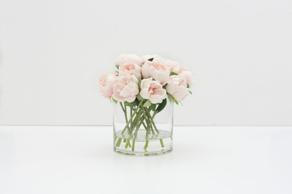 Homemade faux peony arrangement with acrylic water decor