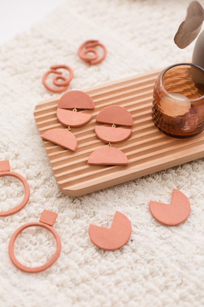 Terracotta Air Dry Clay Earrings in different designs: Quarter, Hoop, Knot, and Half Circle Earrings