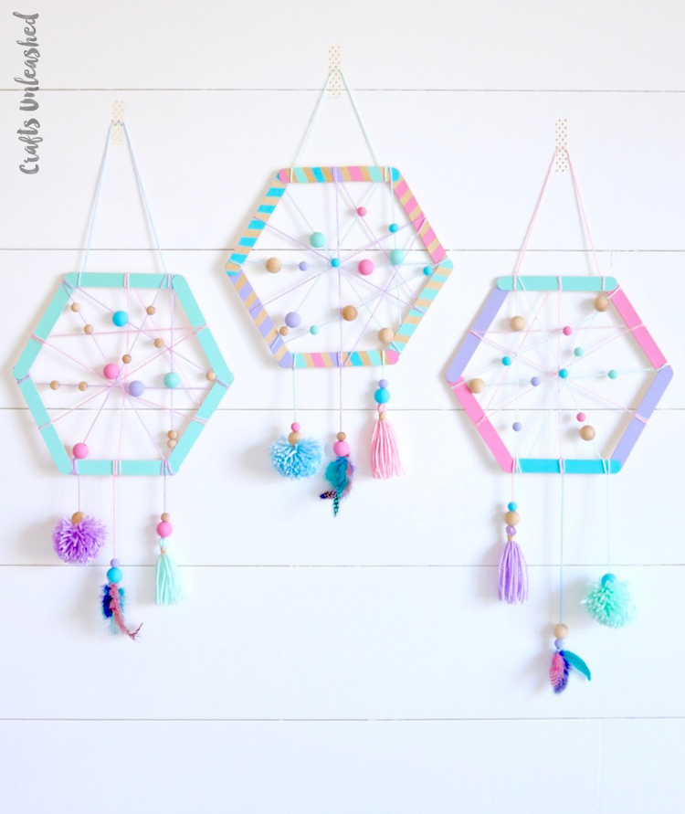 An easy to make handmade hexagon dreamcatcher for kids room decor 