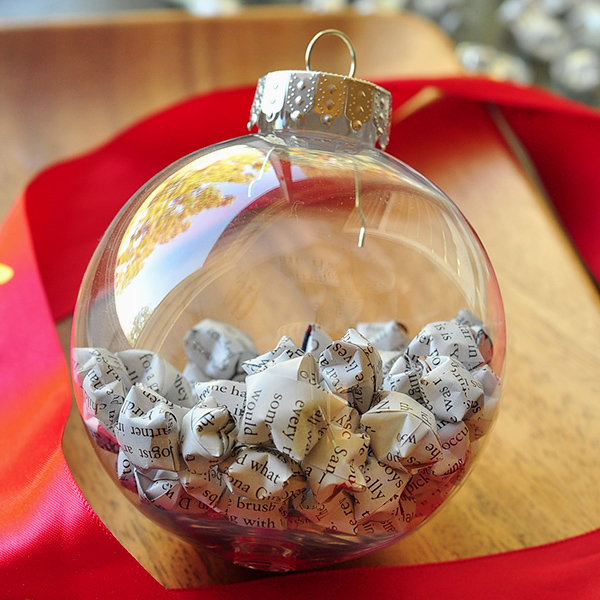 Christmas ornaments with star designed book pages inside