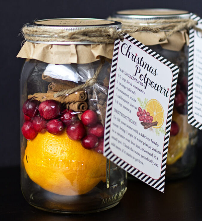 DIY Christmas Potpourri in a Jar with fresh cranberries, oranges, cinnamon, cloves, allspice and nutmeg