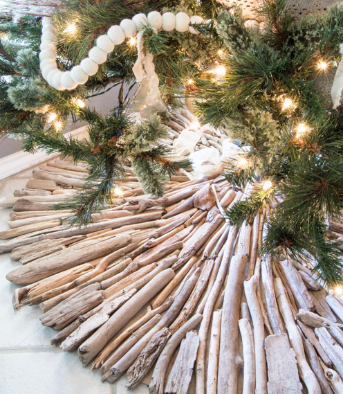 Coastal Christmas tree skirt with driftwood