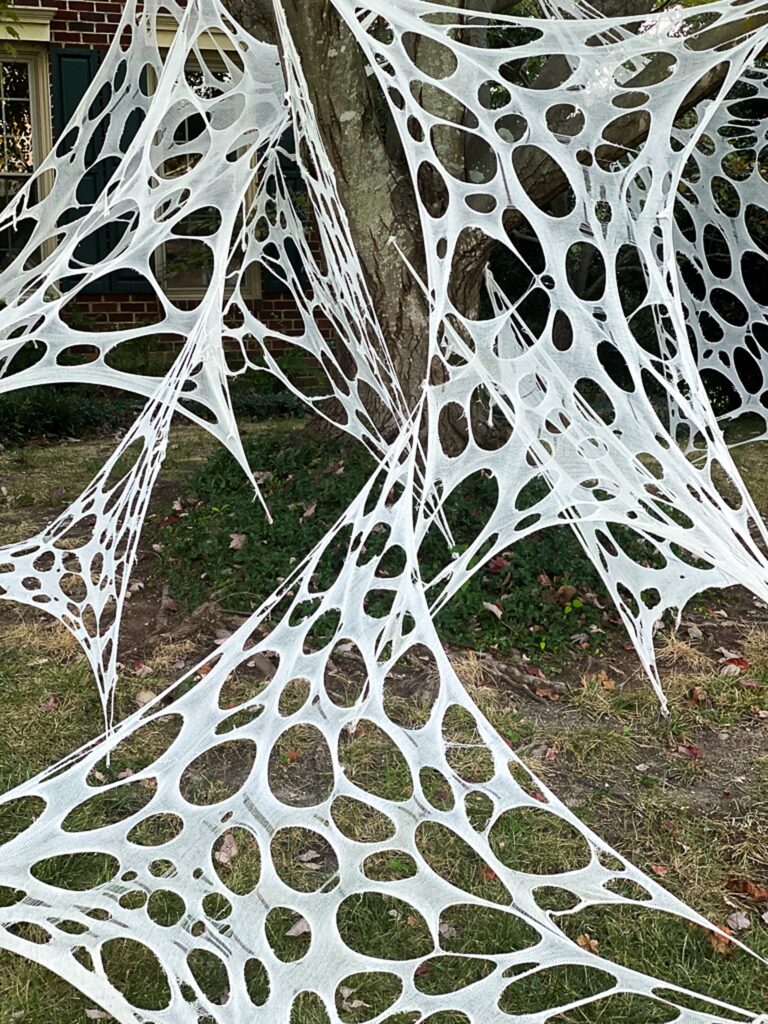 DIY Halloween Spider Webs Using Beef Netting Spooky Yard Decor