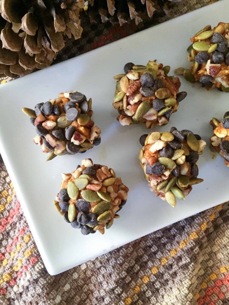 Little balls of pumpkin spice covered with nuts, seeds, and chocolate chips