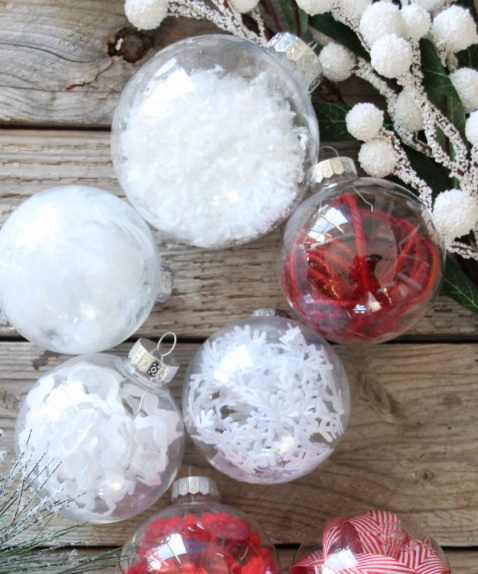 Ribbon stuffed clear plastic Christmas ornaments