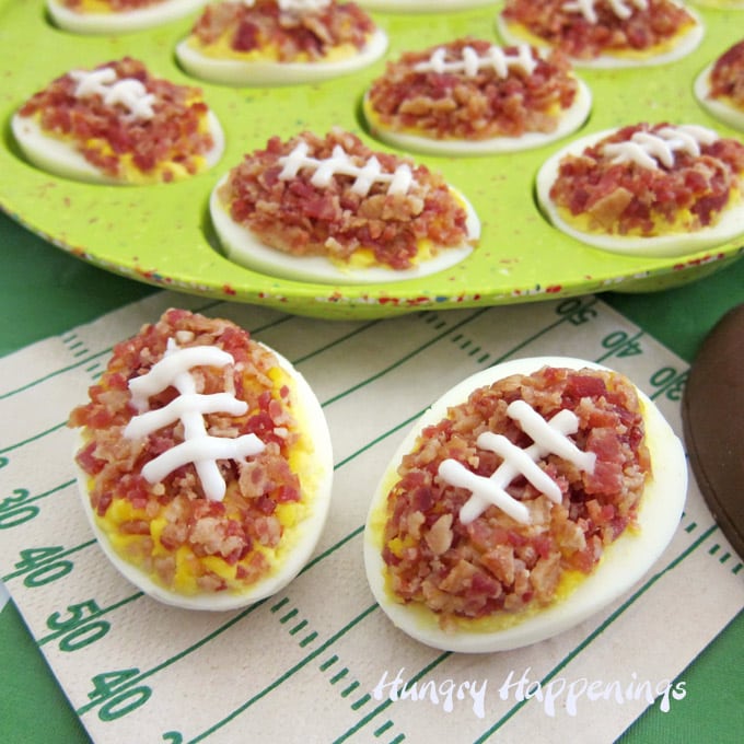 Deviled eggs topped with lots of crumbled bacon