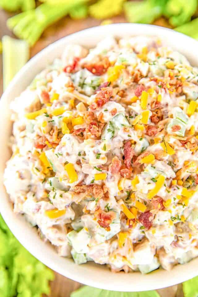 Leftover turkey salad loaded with cheddar, bacon, and ranch