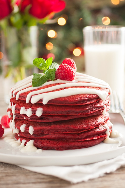 Red velvet pancakes with cream cheese glaze