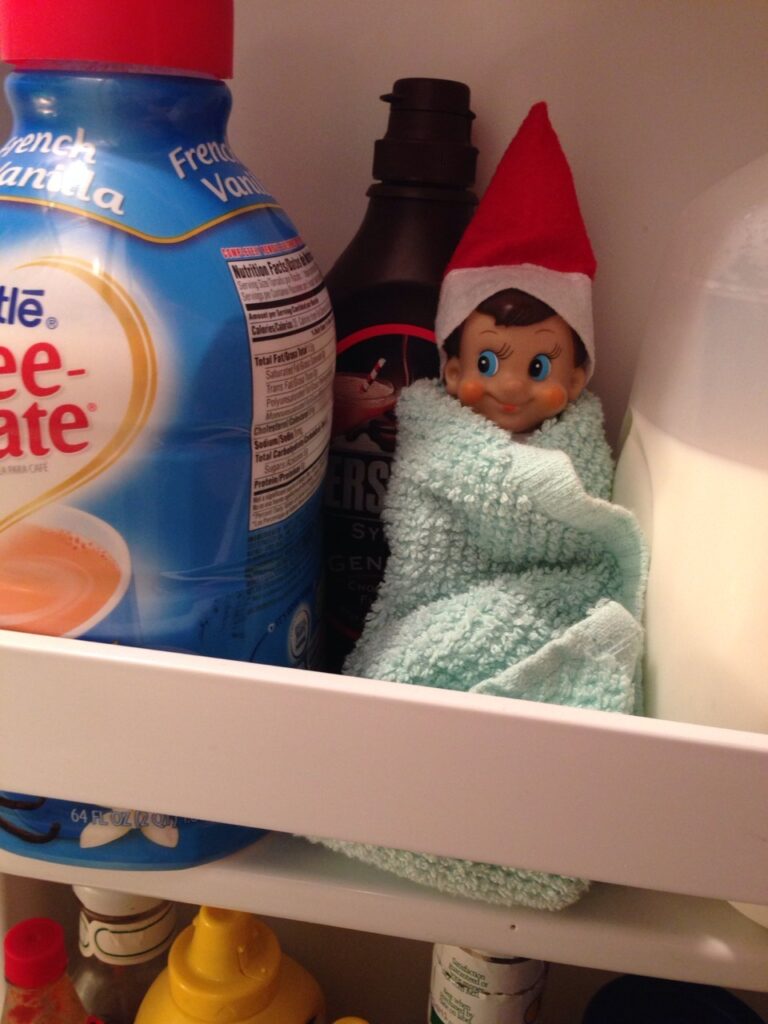 elf is staying toasty warm while hiding in the fridge.