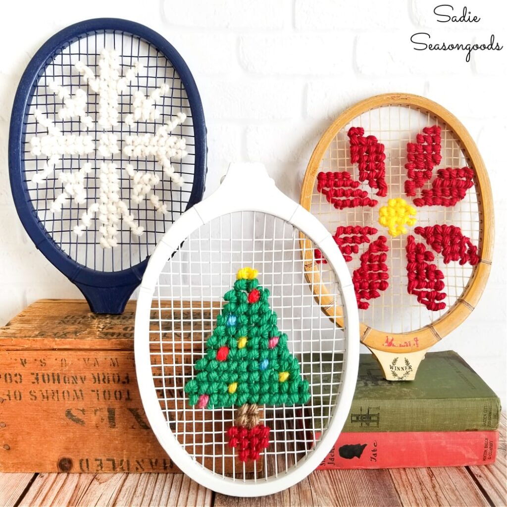 Christmas Cross Stitch on a Wooden Tennis Racket 