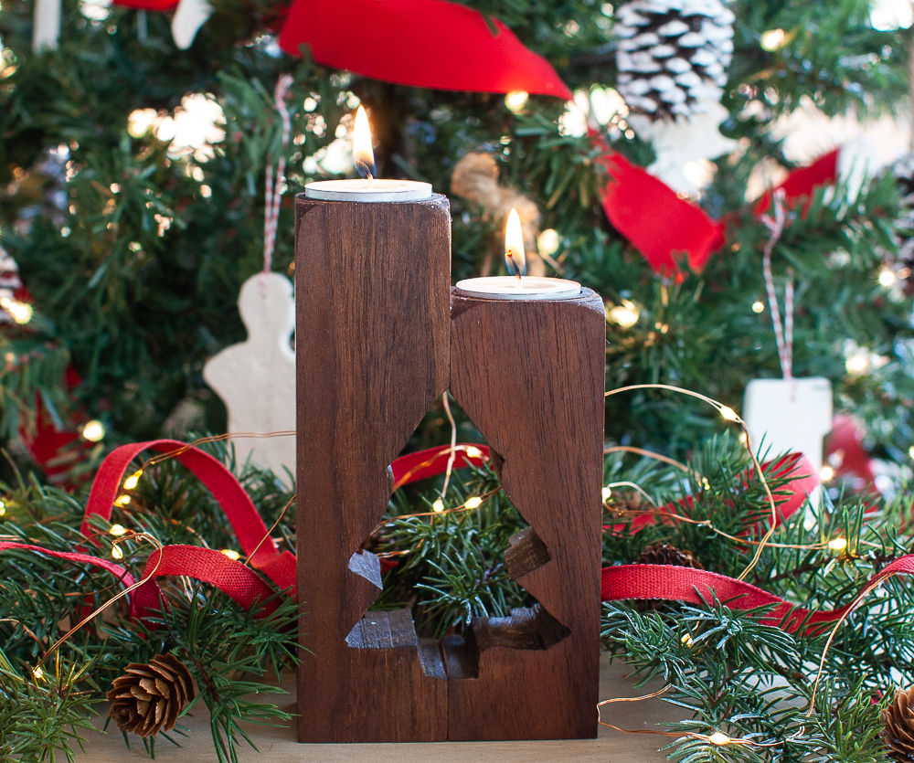 Christmas tree cut out wooden candle holder