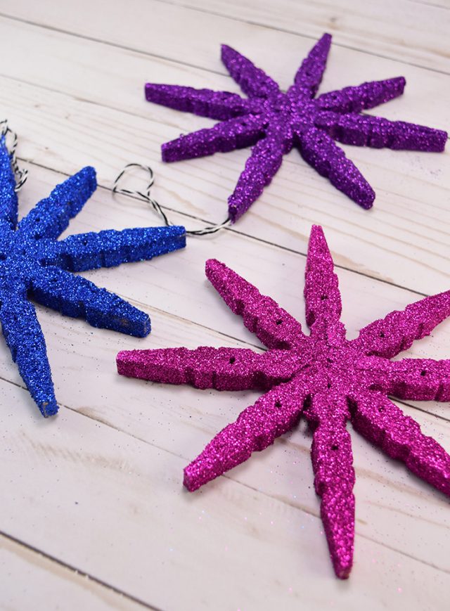DIY Glitter Clothespin Snowflakes Colorful Craft 