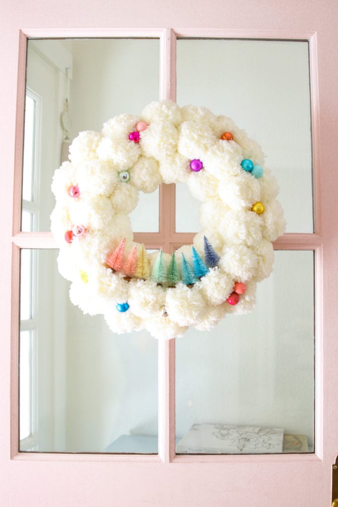 BOTTLE BRUSH TREE CHRISTMAS WREATH WITH POM POMS FOR THE FRONT PORCH