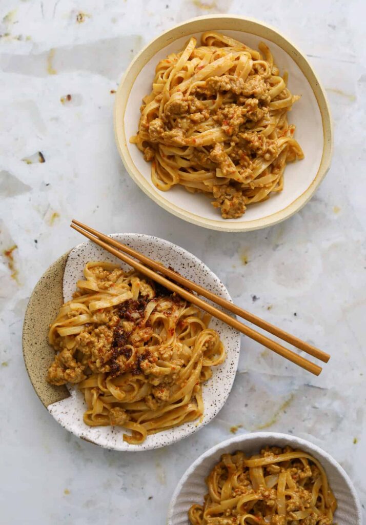 SPICY PORK AND PEANUT NOODLES creamy, savory, and spicy recipe in 30 minutes with 5 ingredients
