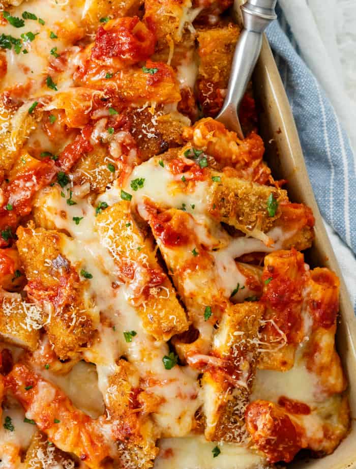 Chicken Parmesan Casserole garnished with fresh parsley