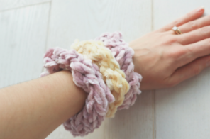 Finger knitted velvet scrunchie