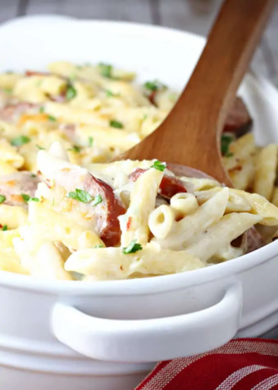 SPICY SMOKED SAUSAGE ALFREDO BAKE QUICK AND EASY WEEKNIGHT DINNER PASTA RECIPE