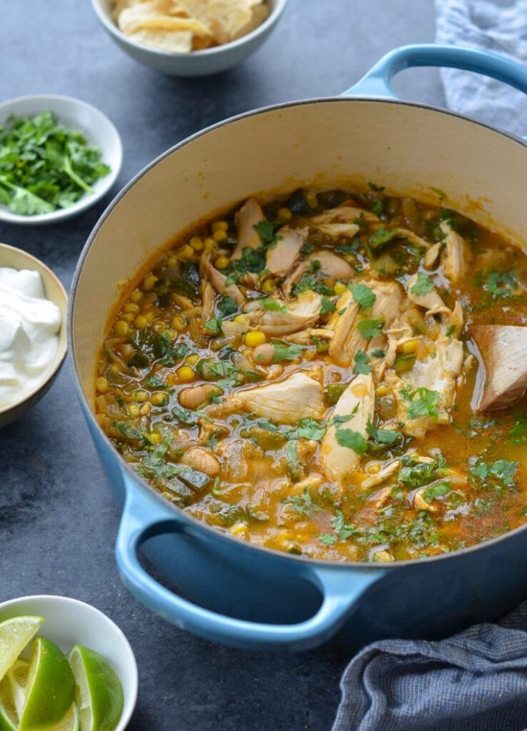hearty white chicken chili made with a rotisserie chicken