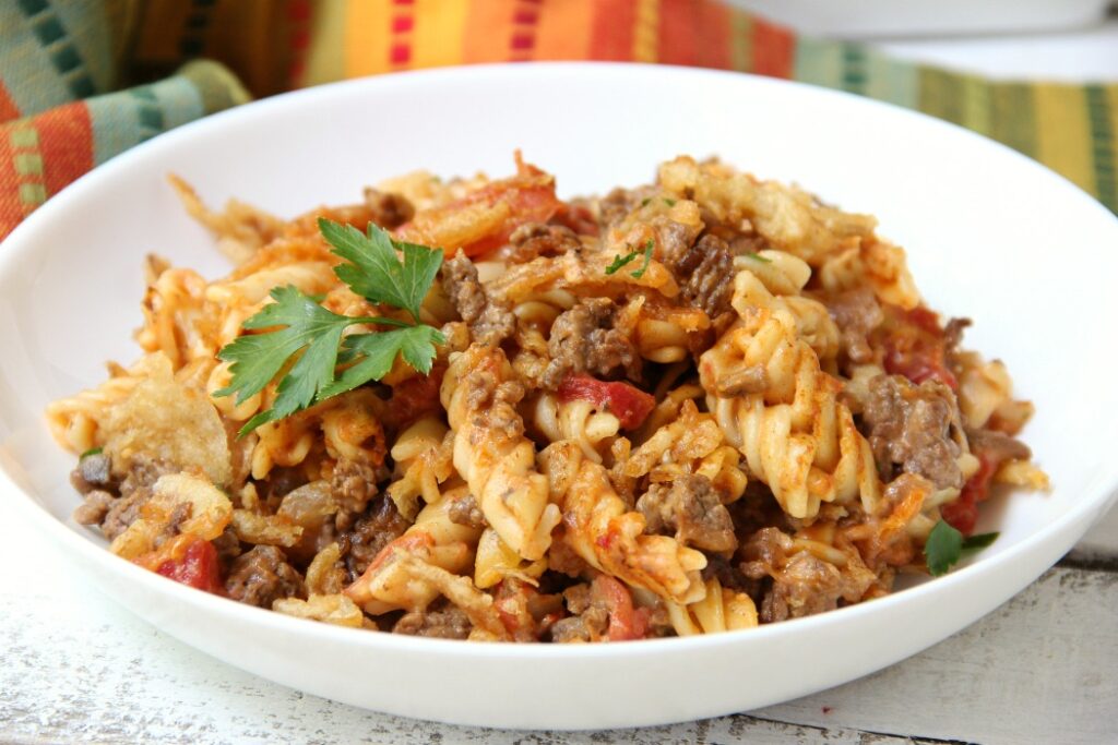 Baked Beefy Pasta and Noodles topped with crunchy french fried onion
