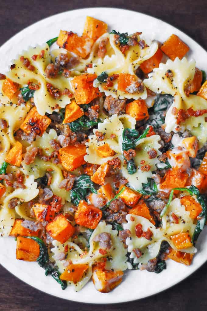 Creamy Butternut Squash Pasta with Sausage and Spinach is an Autumn comfort food
