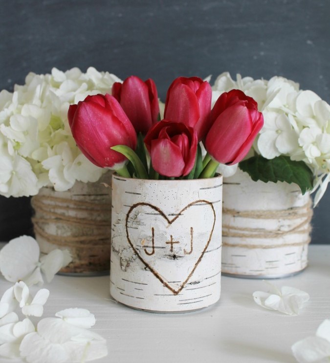 Wood burned birch vases